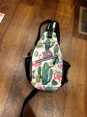 Cactus & Flamingo Pattern Sling Backpack - White/Green/Pink
